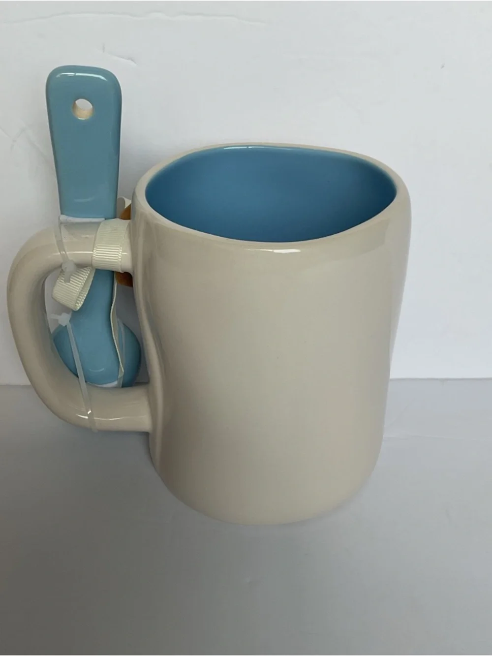 Rae Dunn Boy Mom White Cup Mug 16oz w/ Blue Spoon Gift Set Brand New Baby Shower